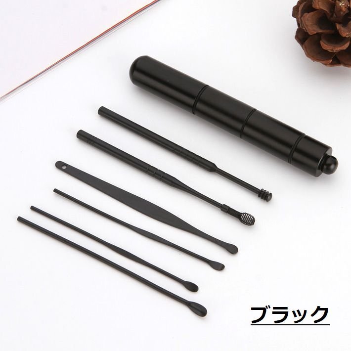 耳かき セット ステンレス 耳掃除 耳垢 プレゼント ギフト 攜帯ケース付き 水洗い 耳そうじ 7986928 ブラック 新品 1円 スタート