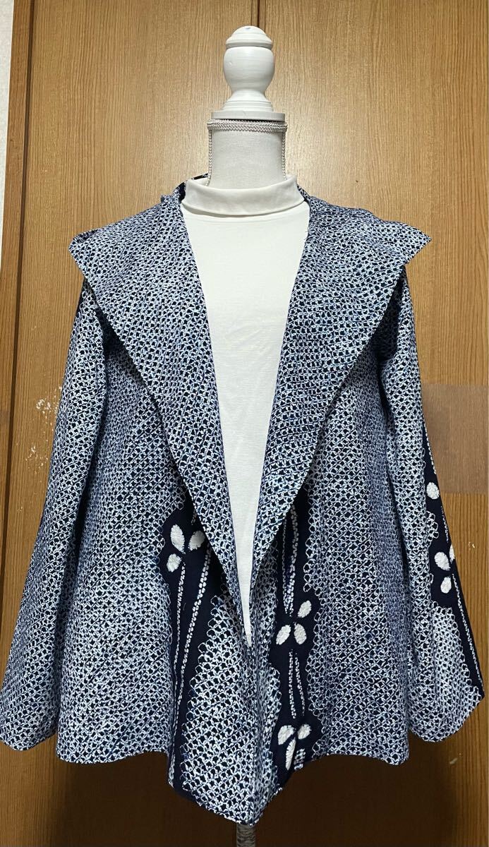 著物リメイク　有松絞りのフード付きジャケット　 L?L Lサイズ 日除けに