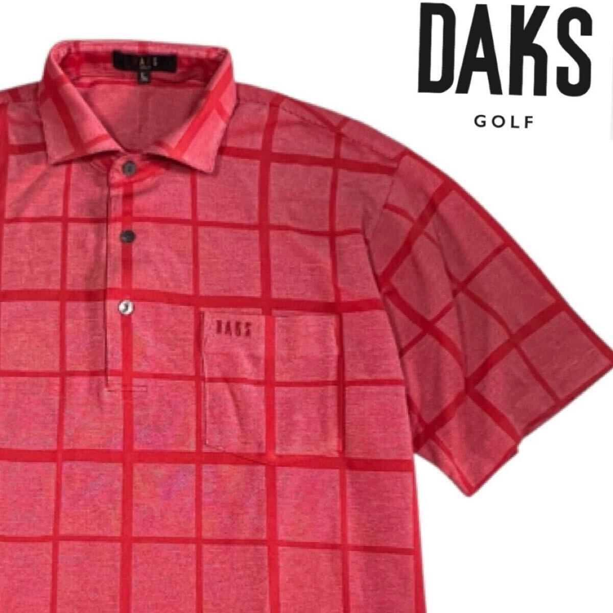 ★未使用級★定価25,300円★DAKS GOLF ★ダックスロゴ刺繍 朱色チェック　半袖ポロシャツL/175-185 日本制　送料230円