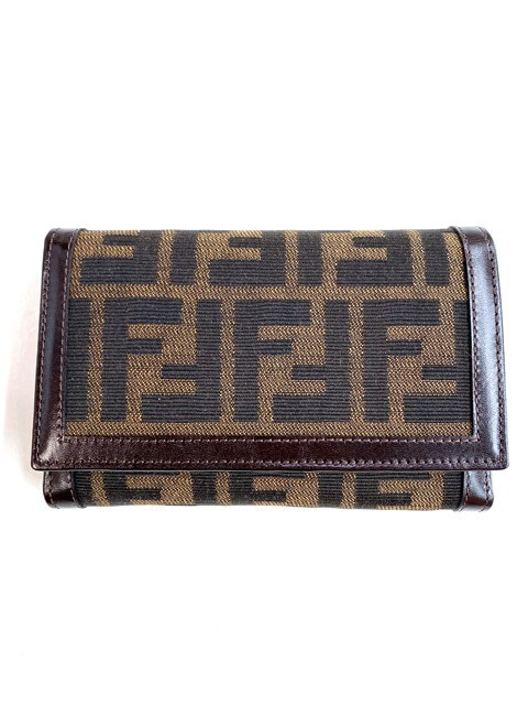 【即決/美品】 FENDI フェンディ 三つ折り財(cái)布 ズッカ 31052 ブラウン 茶 L字ファスナー コンパクトウォレット キャンバス カーフ 