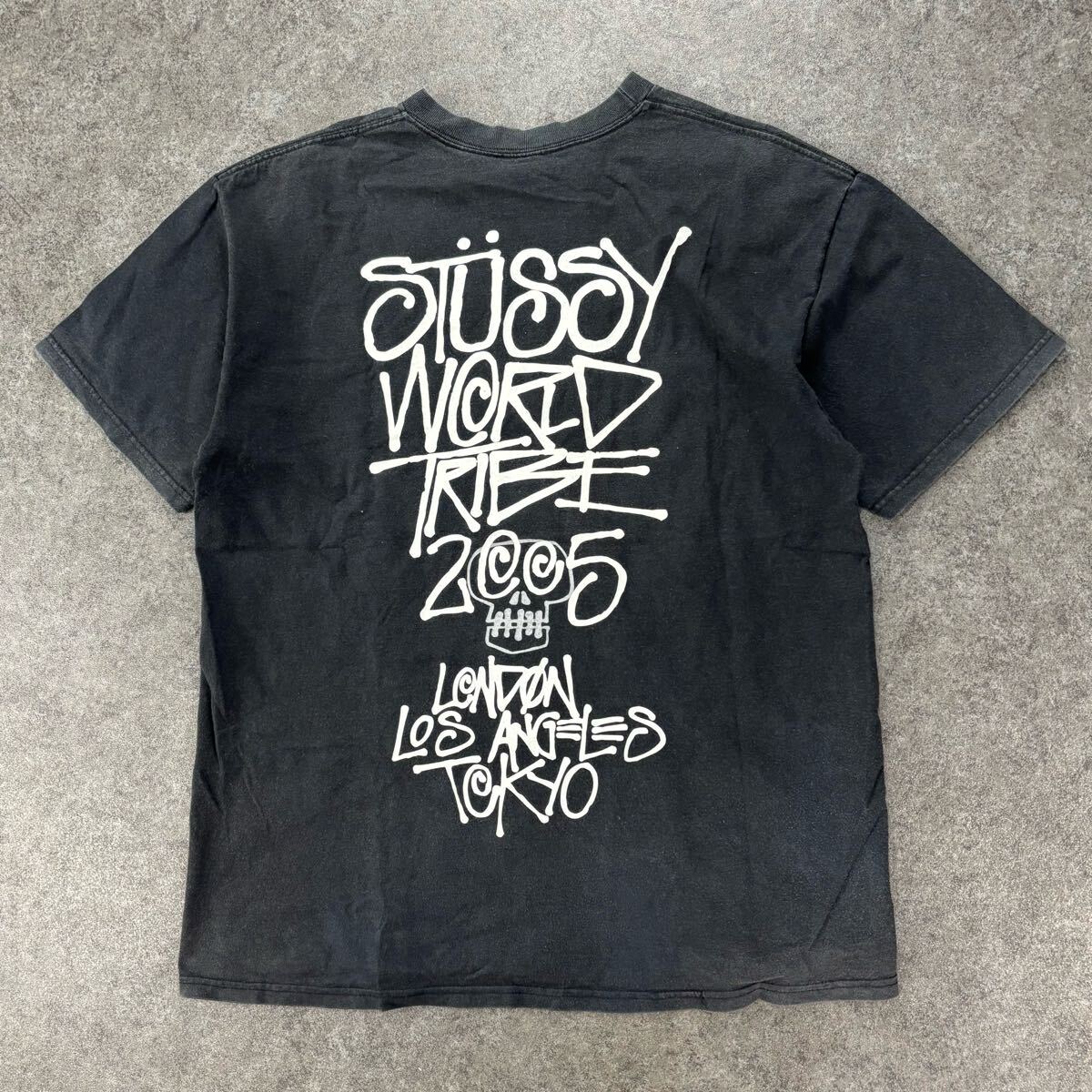25周年記念 25th 00s archive STUSSY World Tribe アーカイブ ステューシー 半袖 ワールドドライブ Tシャツ フェード 墨黒 両面プリント L