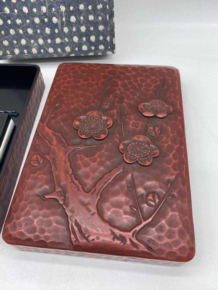 鎌倉彫 漆芸漆器 天然木 文箱 枝梅文 水滴 古梅園墨付 彫刻 硯箱