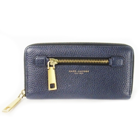 マークジェイコブス MARC JACOBS 長(zhǎng)財(cái)布 ロングウォレット 小銭入れあり ラウンドファスナー レザー 革 シボ革 ロゴ 紺