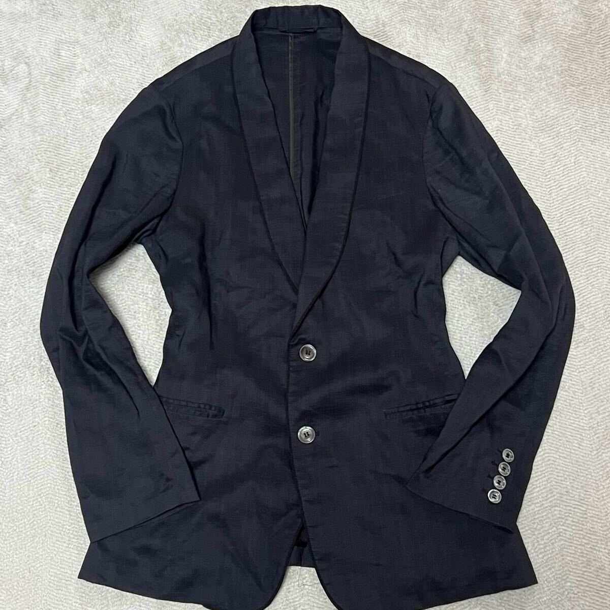美品?希少52サイズ ジョルジオアルマーニ GIORGIO ARMANI シルク テーラードジャケット アンコン シェルボタン 背抜き ブラック 