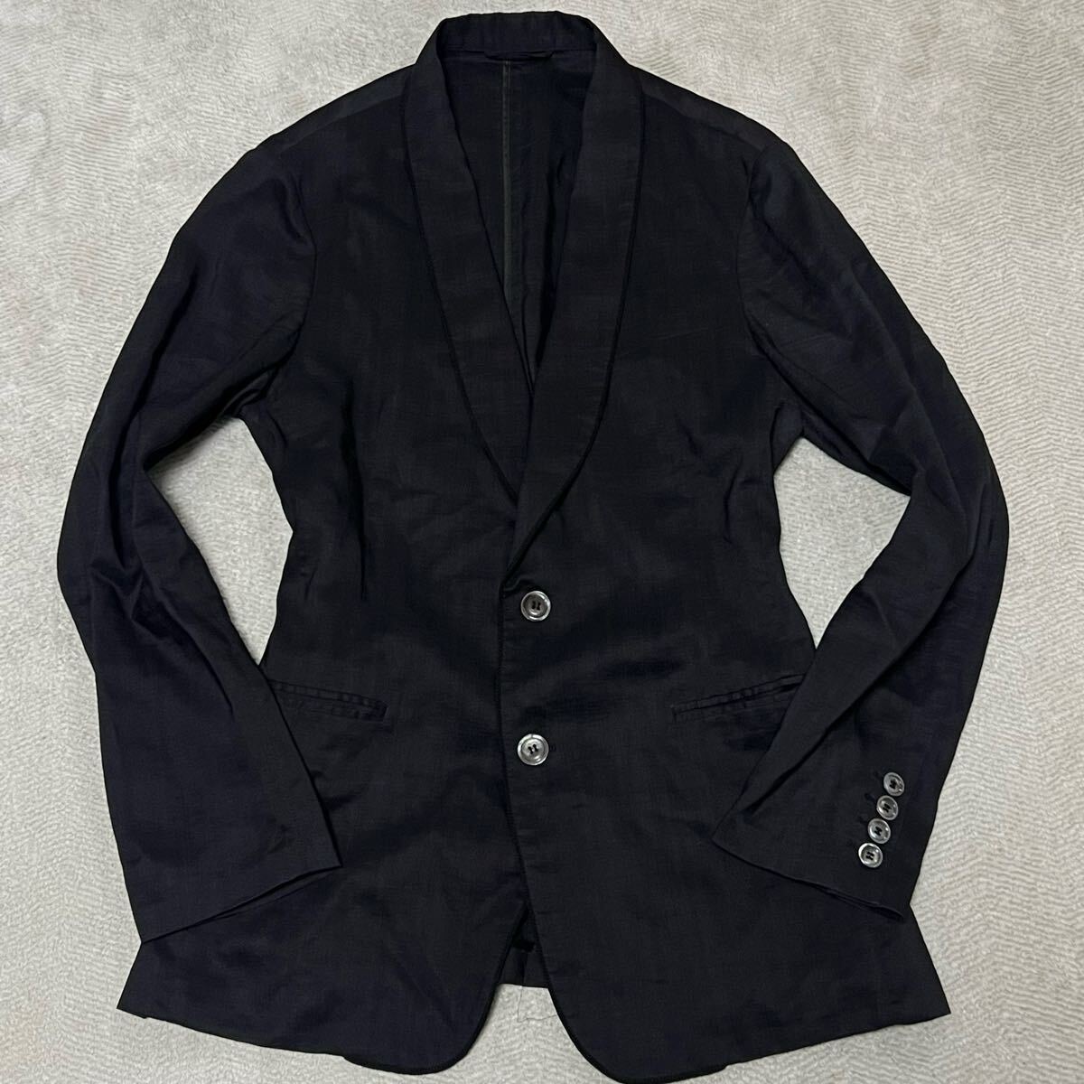 美品?希少52サイズ ジョルジオアルマーニ GIORGIO ARMANI シルク テーラードジャケット アンコン シェルボタン 背抜き ブラック 
