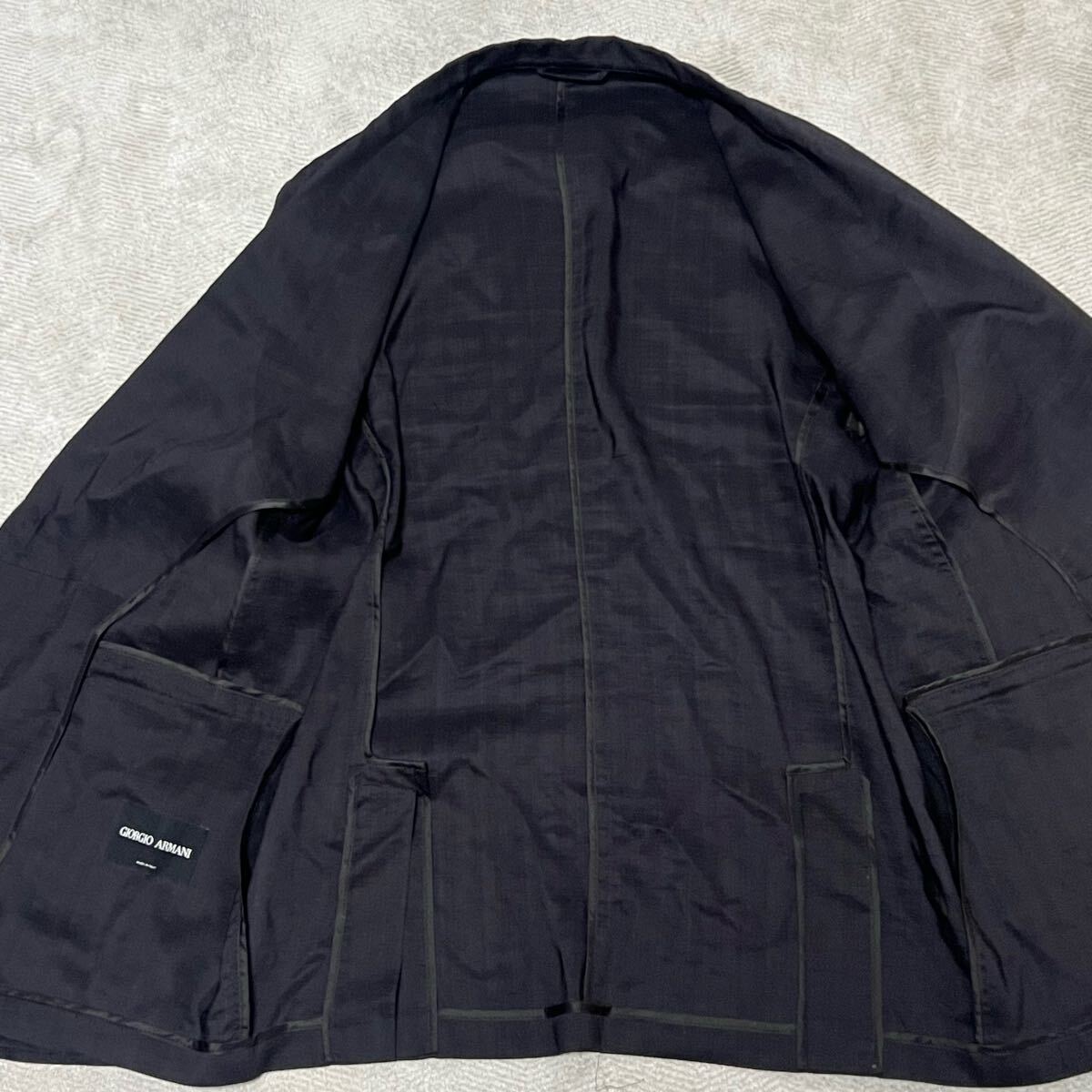 美品?希少52サイズ ジョルジオアルマーニ GIORGIO ARMANI シルク テーラードジャケット アンコン シェルボタン 背抜き ブラック 