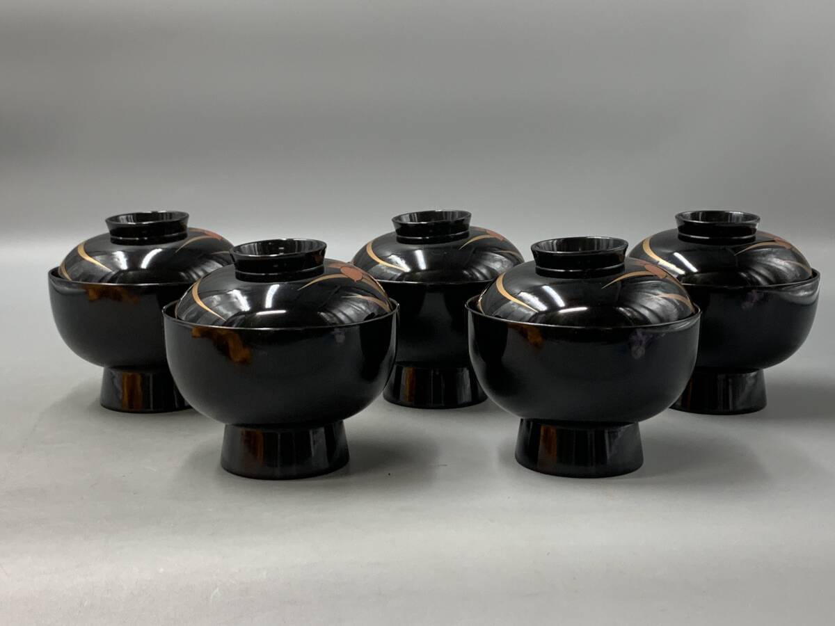 6＃H/7375 輪島塗 菖蒲蒔絵 吸物椀 5客 木製漆器 汁椀 共箱 80