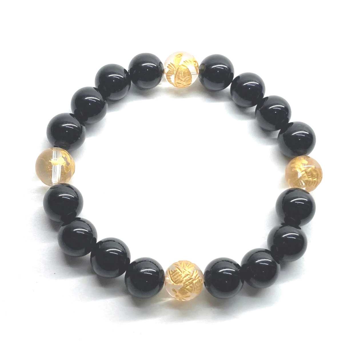 10mm 四神獣金彫水晶×オニキス パワーストーン ブレスレット天然石 運気上昇 開運 金運 恋愛運 お守り 青龍 白虎 玄武 朱雀　シンプル