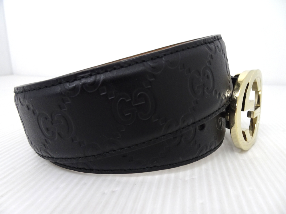 1円～！ GUCCI グッチ 370543 インター ロッキング G レザーベルト 80?32 黒 ブラック