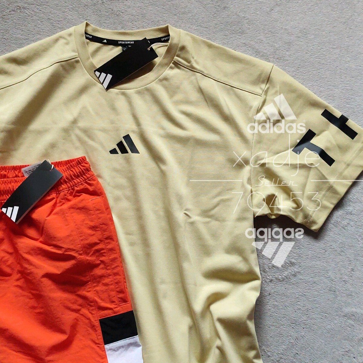 新品 正規(guī)品 adidas アディダス 上下セット Tシャツ ナイロン ハーフパンツ セットアップ イエロー系 黒 オレンジ 定価11000円 ゆるめ 2XL