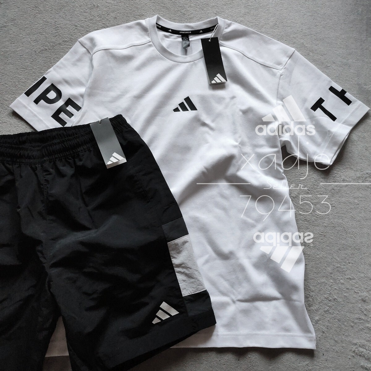 新品 正規(guī)品 adidas アディダス 上下セット Tシャツ ナイロン ハーフパンツ セットアップ 白 ホワイト 黒 グレー 定価11000円 ゆるめ L