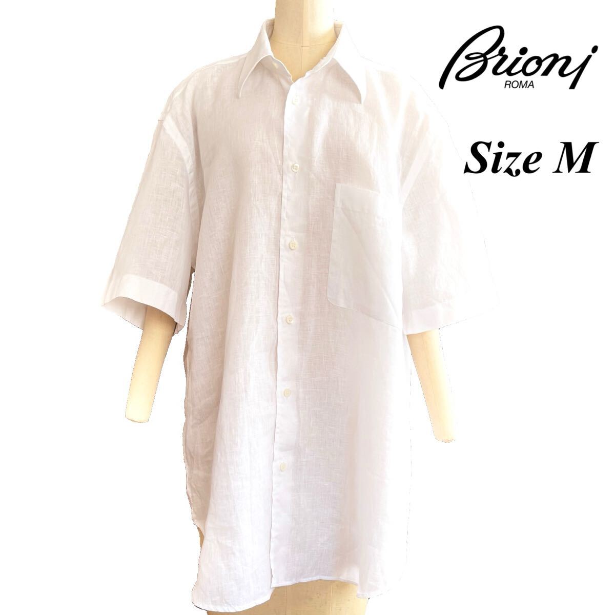 美品 Brioni ブリオーニ ワイシャツ 半袖シャツ 白 リネン 麻 Mサイズ ビジネス カジュアル イタリア制 紳士服 ニーマンマーカス別注