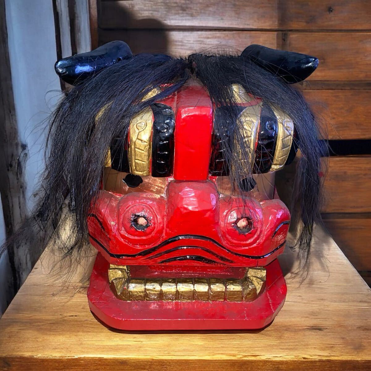 管:S437 獅子頭 木彫 縁起物 獅子舞 魔除け 木製 (東洋彫刻