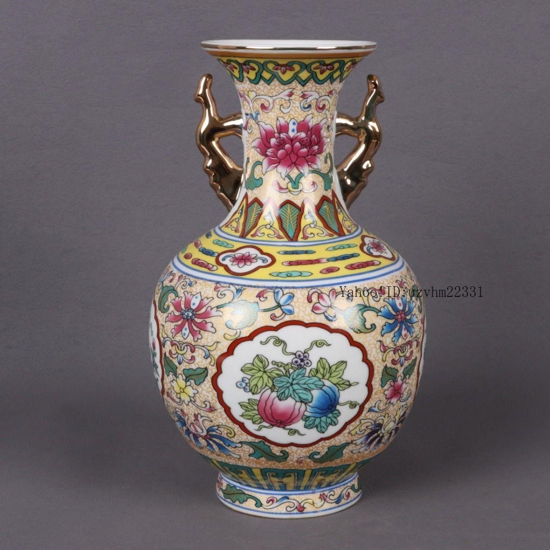 大清干隆琺瑯彩四季瓜果雙耳瓶磁花瓶 景徳鎮(zhèn) 陶磁器 裝飾品 現(xiàn)代工蕓品美術品置物