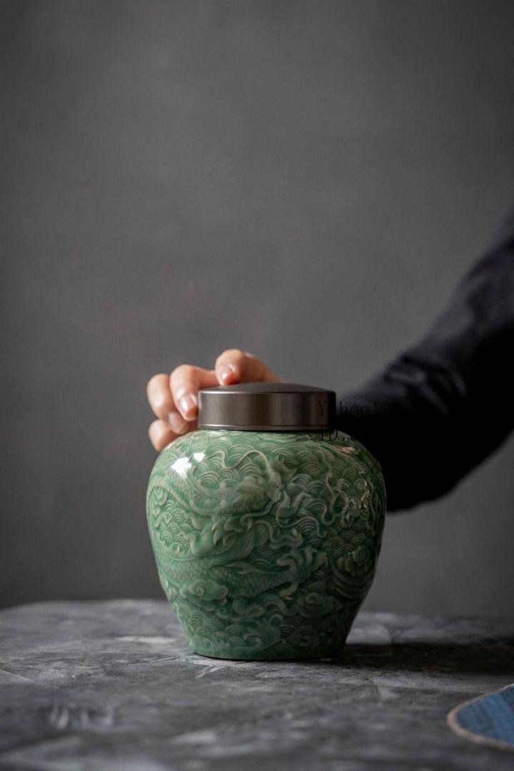 中国美術 茶筒 茶器 茶入れ 青磁 茶道具 龍鳳紋 送料込み 中国美術 茶筒 茶器 茶入れ 青磁 茶道具 龍鳳紋 送料込み 中国