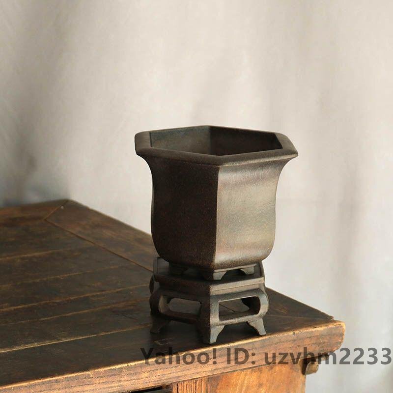 臺(tái)座付古風(fēng)六方蘭鉢 中國(guó)宜興 紫砂の鉢 盆栽鉢 植木鉢 小品盆栽鉢 大品盆栽鉢