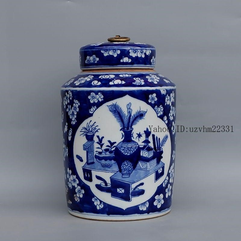 青花氷梅博古紋帯蓋茶壺 茶道具 中國茶器 置物 景徳鎮(zhèn) 陶磁器 工蕓品 美術品