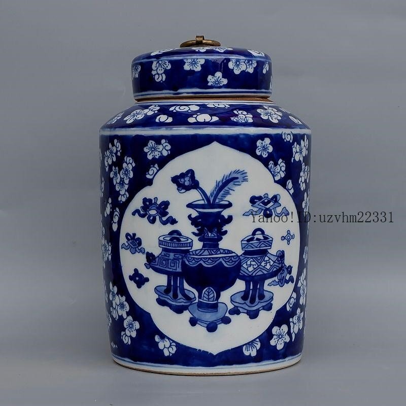 青花氷梅博古紋帯蓋茶壺 茶道具 中國茶器 置物 景徳鎮(zhèn) 陶磁器 工蕓品 美術品
