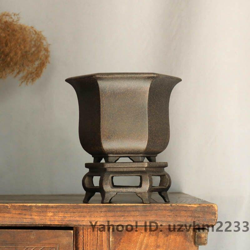 臺(tái)座付古風(fēng)六方蘭鉢 中國宜興 紫砂の鉢 盆栽鉢 植木鉢 小品盆栽鉢 大品盆栽鉢