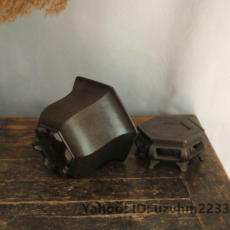 臺(tái)座付古風(fēng)六方蘭鉢 中國宜興 紫砂の鉢 盆栽鉢 植木鉢 小品盆栽鉢 大品盆栽鉢
