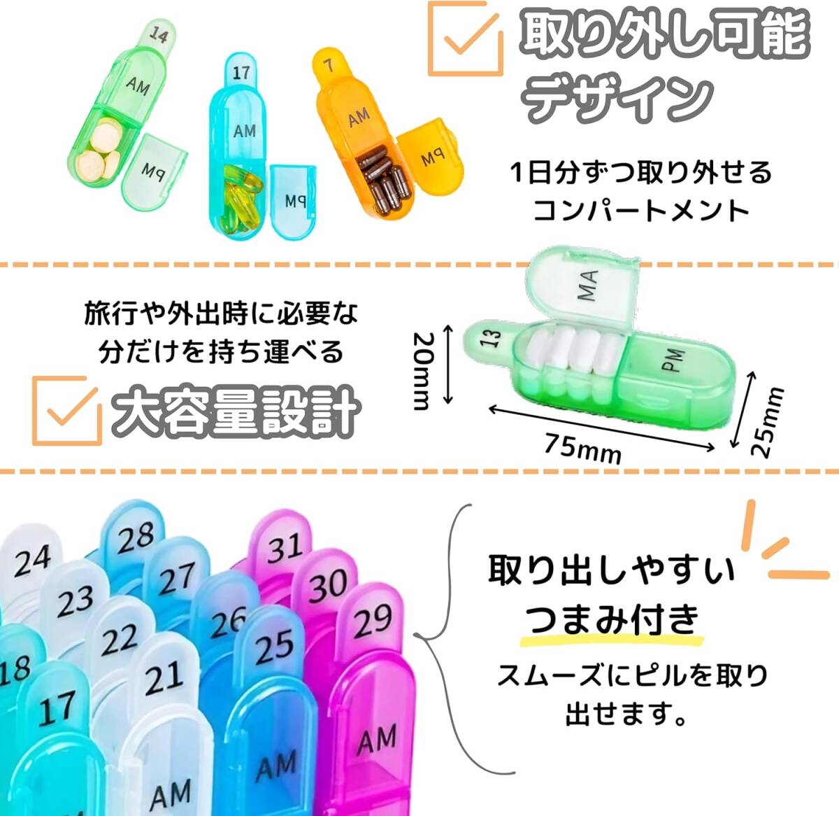 ピルケース 1ヶ月 大容量 薬ケース 薬入れ お薬保管 小分け 飲み忘れ防止 携帯用 持ち運び