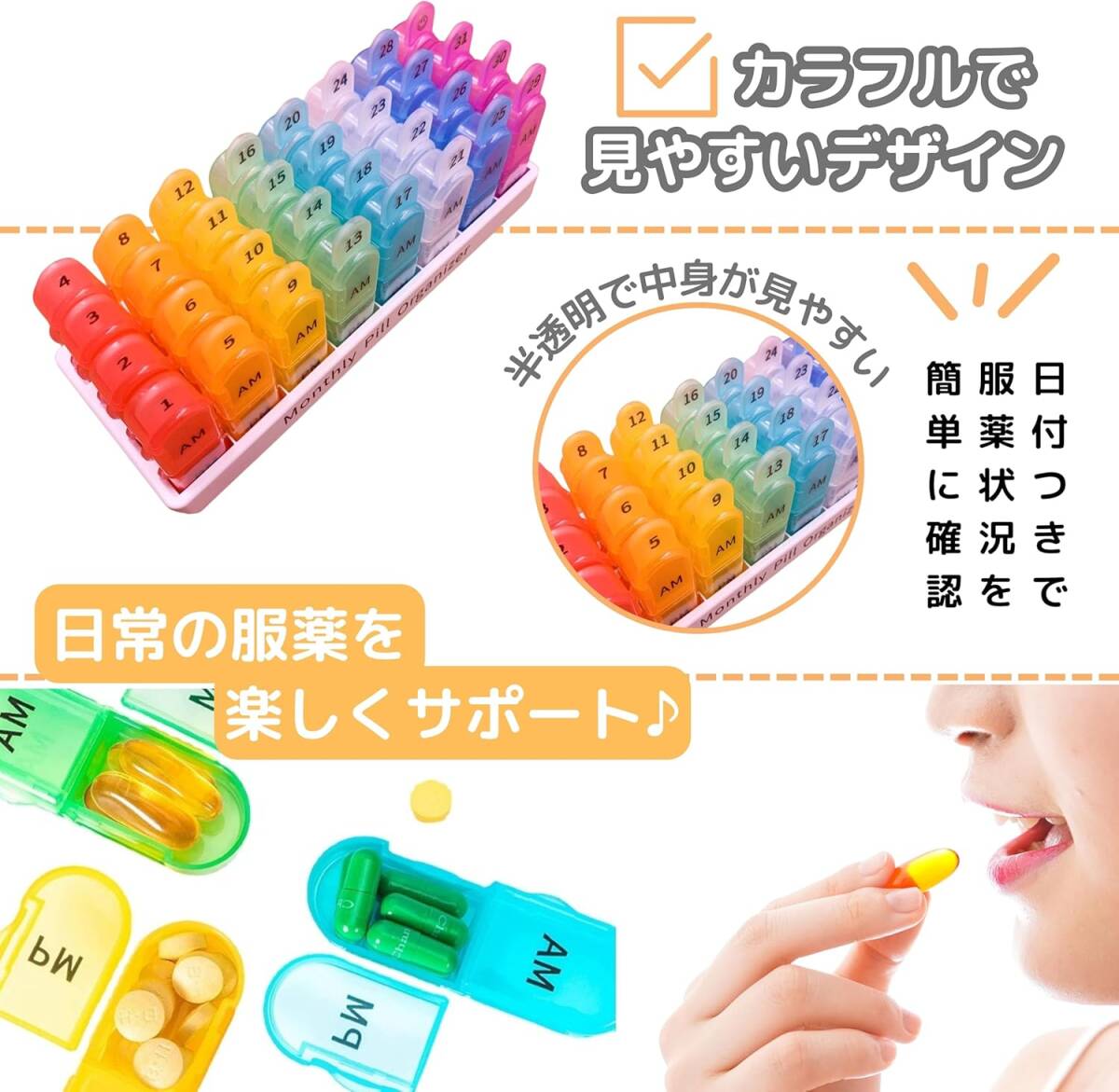 ピルケース 1ヶ月 大容量 薬ケース 薬入れ お薬保管 小分け 飲み忘れ防止 携帯用 持ち運び