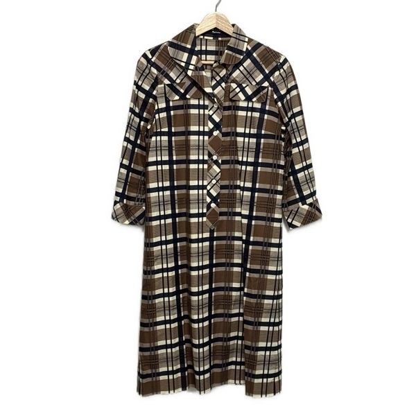 アクアスキュータム Aquascutum サイズ8 M - アイボリー×ダークブラウン×マルチ レディース 七分袖/ひざ丈/チェック柄/ベルト付き
