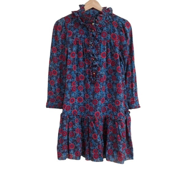 マークバイマークジェイコブス MARC BY MARC JACOBS サイズ0 XS - レッド×ブルー×ダークブラウン レディース 長袖/ひざ丈/花柄/フリル