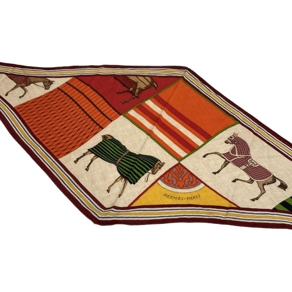 エルメス HERMES ストール(ショール) ロサンジュ カシミヤ、シルク オレンジ×ベージュ×マルチ 馬 マフラー