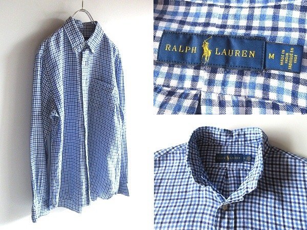 ネコポス対応 Ralph Lauren ラルフローレン ギンガムチェック柄 麻100% リネン ボタンダウン BDシャツ M 青 紺 白 インド製 国内正規品_画像1