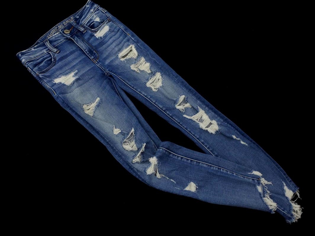 AMERICAN EAGLE アメリカンイーグル ダメージ加工 スキニー デニムパンツ size00/青 ■■ ☆ ffa6 レディース