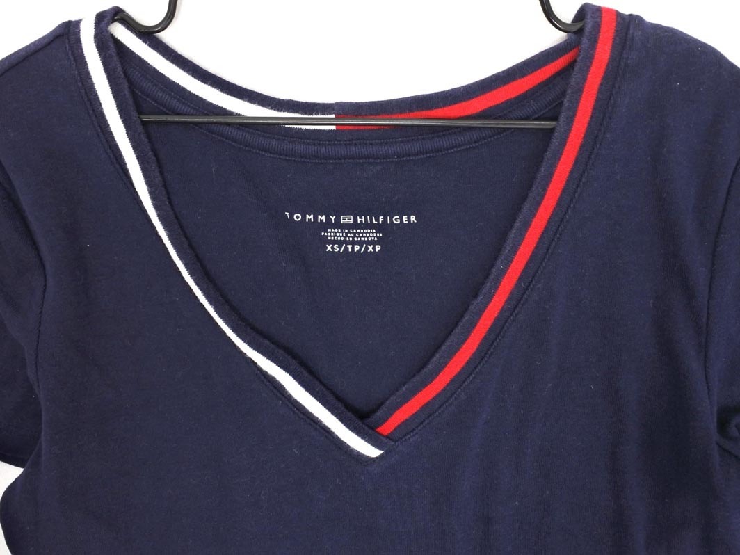ネコポスOK TOMMY HILFIGER トミーヒルフィガー Vネック カットソー sizeXS/紺 ■◆ ☆ ffb6 レディース