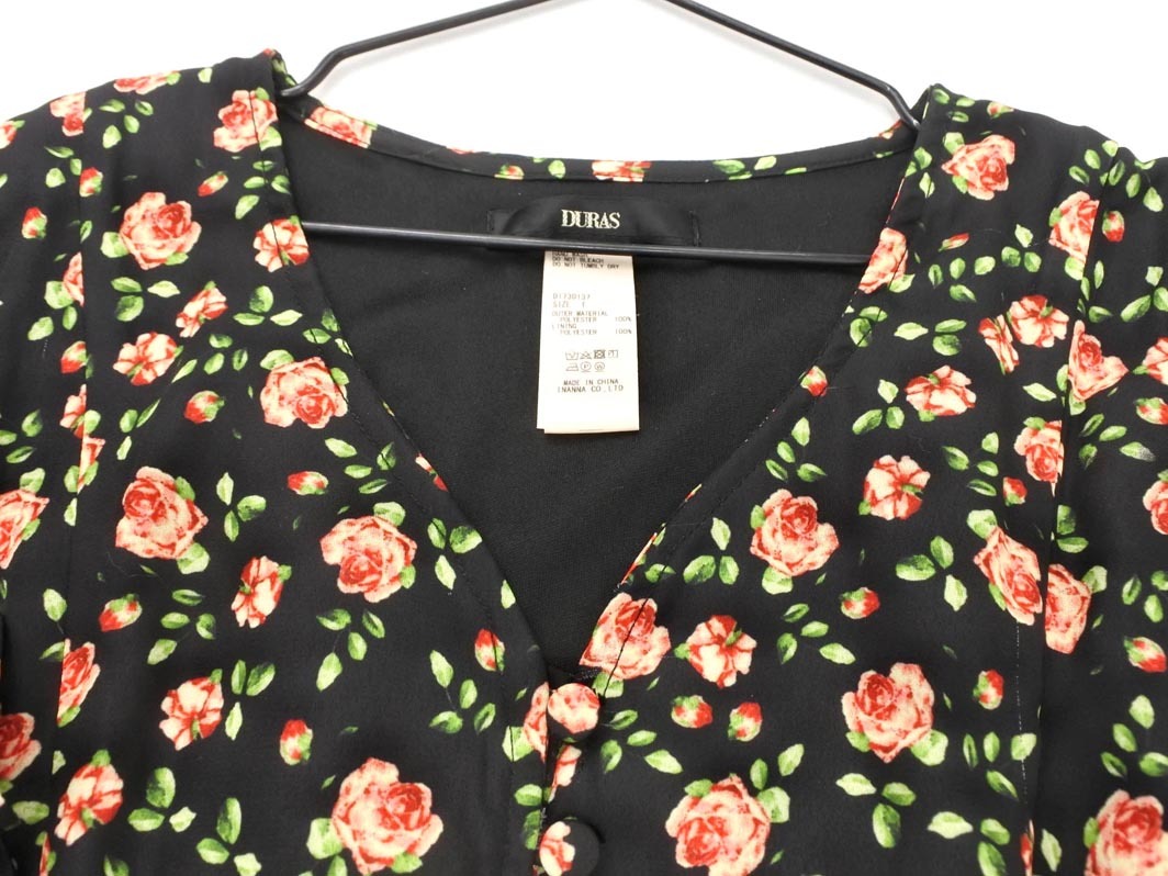 DURAS デュラス 花柄 フリル ワンピース sizeF/黒x赤 ■◆ ☆ ffc3 レディース_画像5