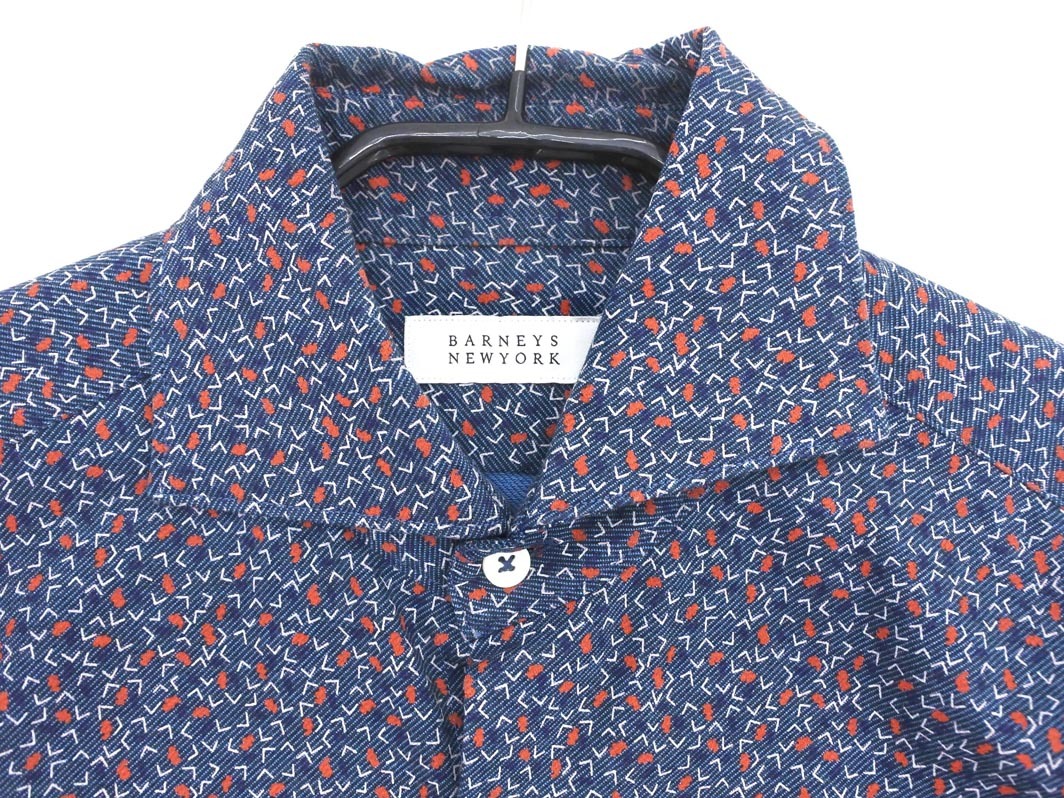 BARNEYS NEW YORK バーニーズ ニューヨーク 総柄 ストレッチ シャツ size1/紺 ◇■ ☆ ffc4 メンズ