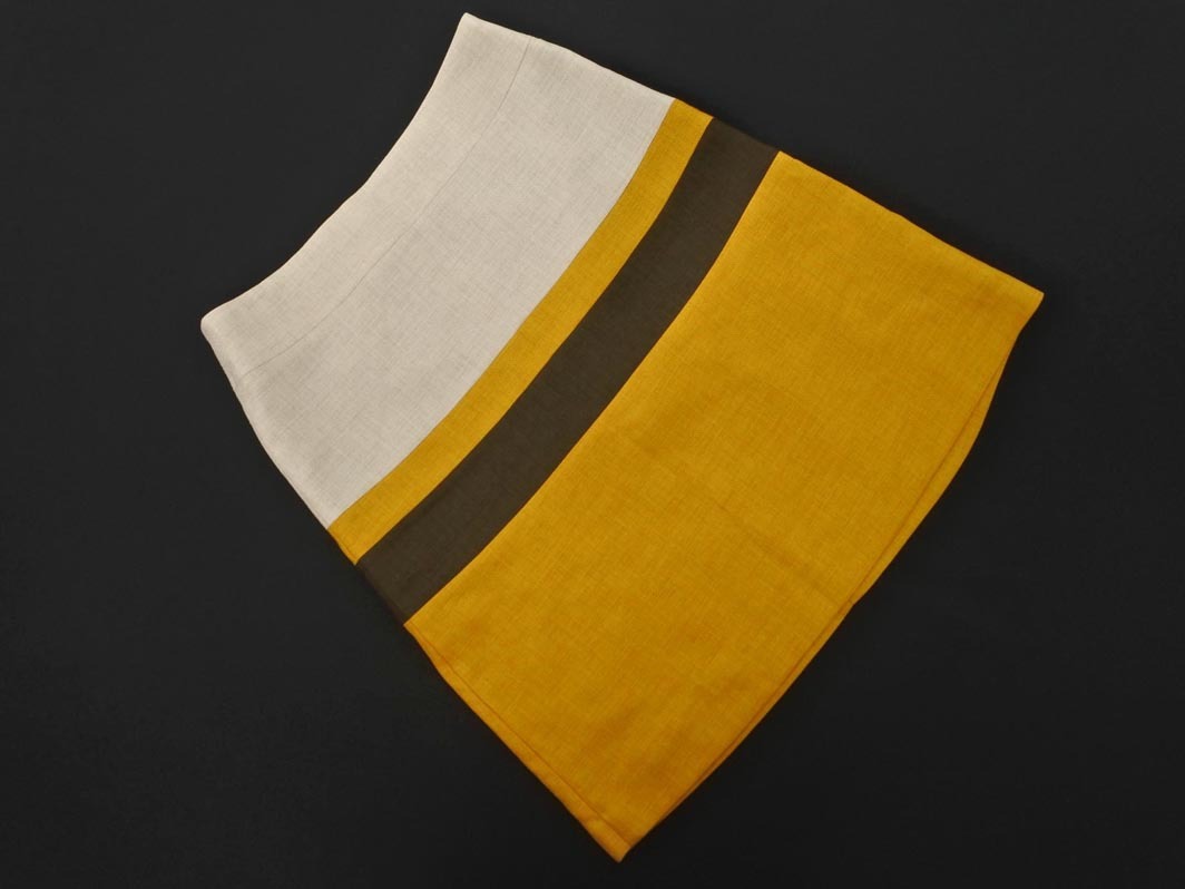 ネコポスOK SHIPS シップス 切替 Aライン 台形 スカート sizeL/黄ｘダークカーキｘアイボリー ■■ ☆ ffc4 レディース_画像1