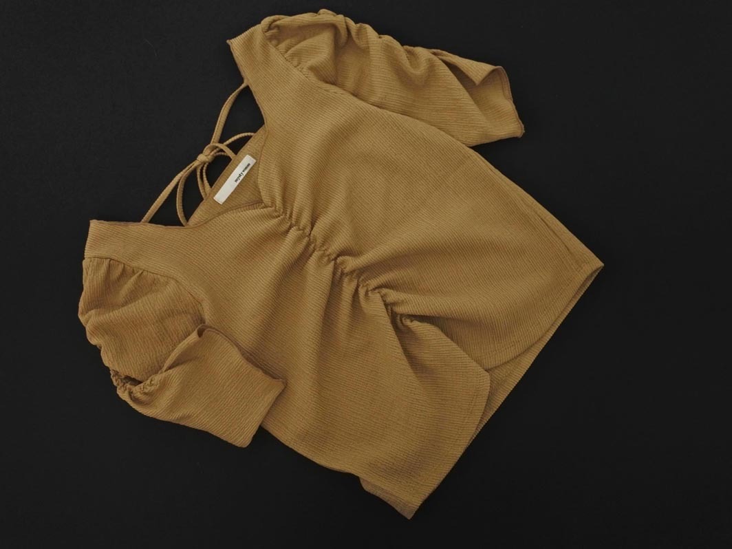 ネコポスOK mysty woman ミスティウーマン ギャザー Vネック カットソー sizeF/ベージュ ■◆ ☆ ffc4 レディース_画像1