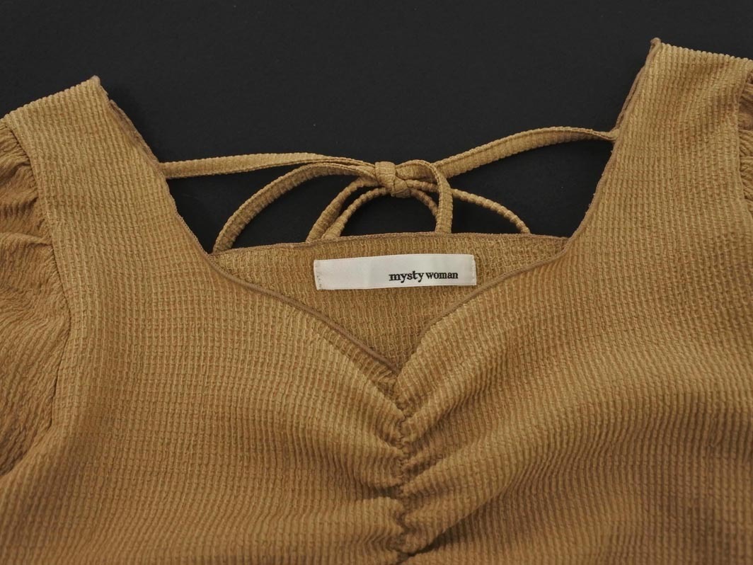 ネコポスOK mysty woman ミスティウーマン ギャザー Vネック カットソー sizeF/ベージュ ■◆ ☆ ffc4 レディース_画像3