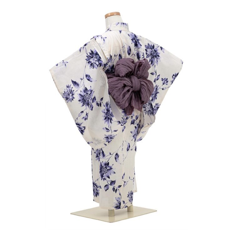 ☆著物タウン☆ 浴衣 女の子 キッズ 100cm 白 ホワイト 紫 パープル くすみ色 花柄 キッズ 女児 和服 子供浴衣 単品 夏 jr-yukata-00014