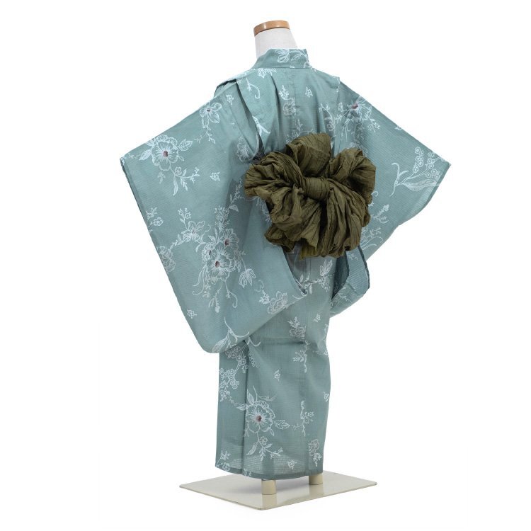 ☆著物タウン☆ 浴衣 女の子 キッズ 110cm アクアグリーン 青緑 くすみ色 花柄 キッズ 女児 和服 子供浴衣 単品 夏 jr-yukata-00017