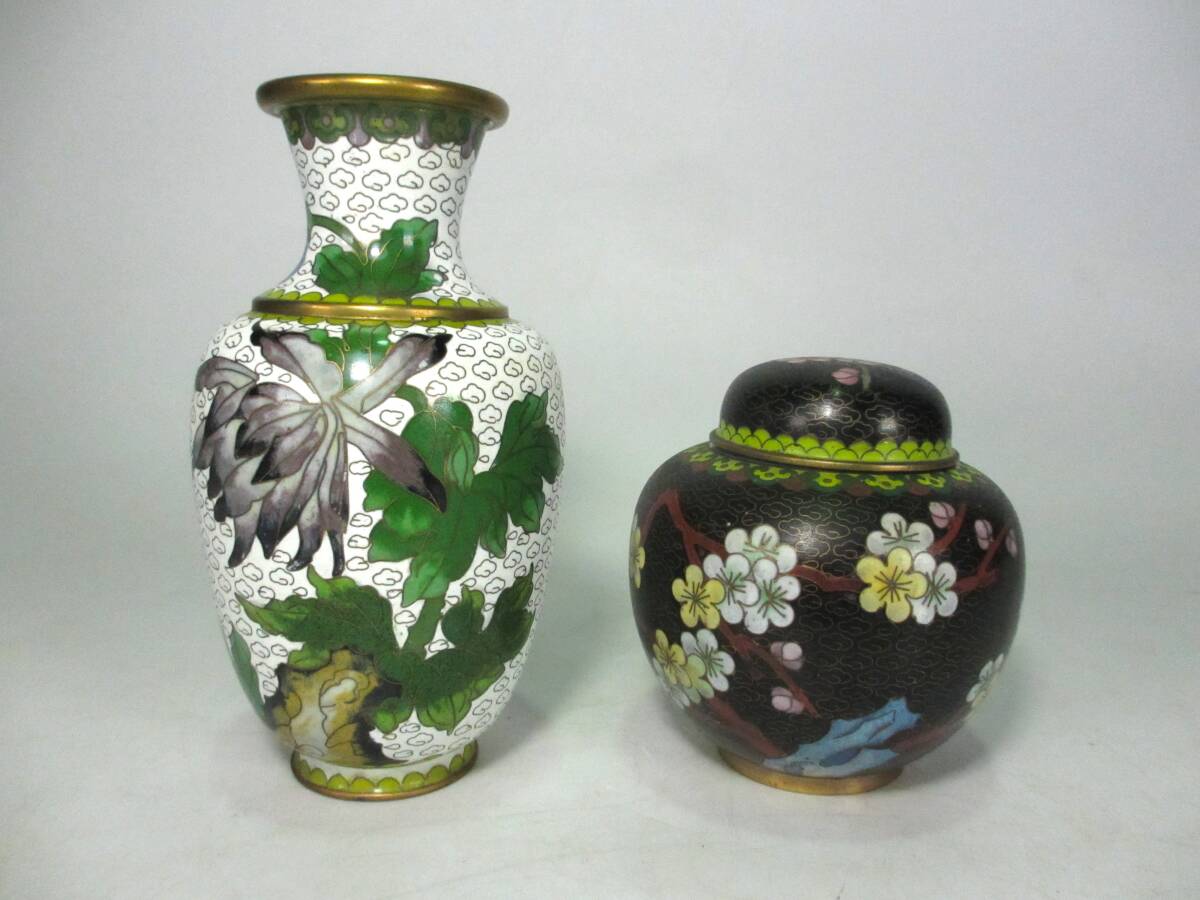 中國七寶焼　景泰藍　茶壷　茶入　花瓶　花鳥紋　計２點　茶道具　唐物　中國美術(shù)