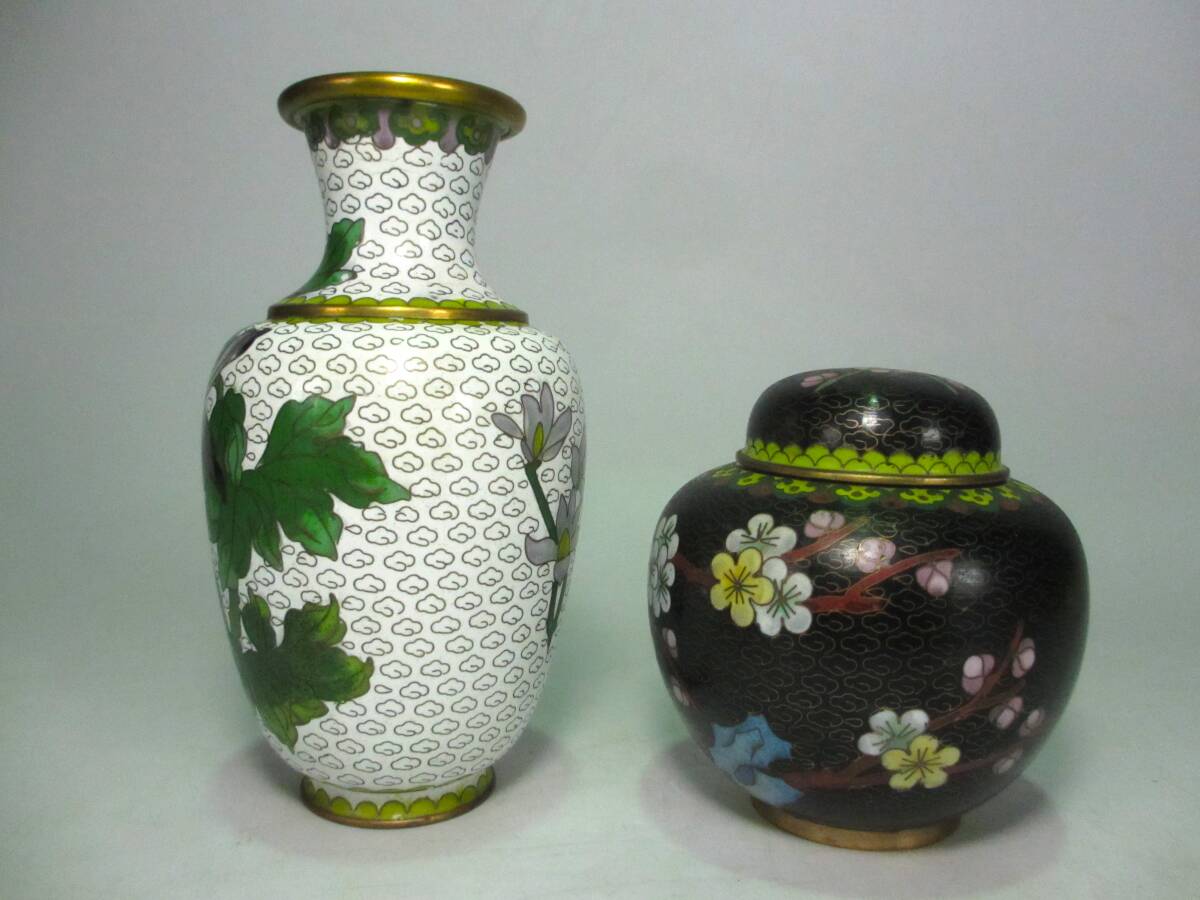 中國七寶焼　景泰藍　茶壷　茶入　花瓶　花鳥紋　計２點　茶道具　唐物　中國美術(shù)