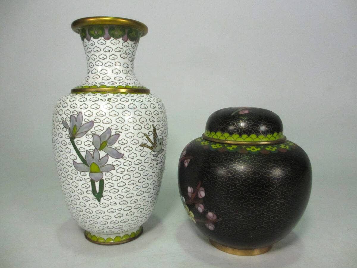 中國七寶焼　景泰藍　茶壷　茶入　花瓶　花鳥紋　計２點　茶道具　唐物　中國美術(shù)
