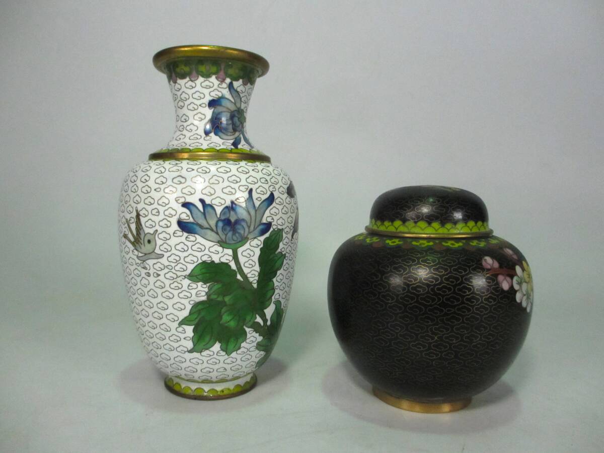 中國七寶焼　景泰藍　茶壷　茶入　花瓶　花鳥紋　計２點　茶道具　唐物　中國美術(shù)