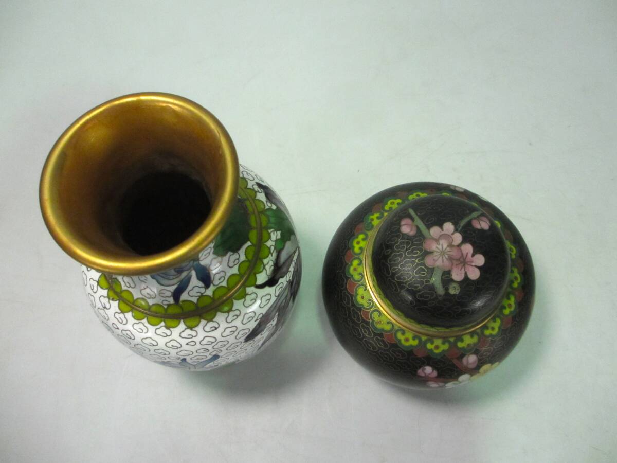 中國七寶焼　景泰藍　茶壷　茶入　花瓶　花鳥紋　計２點　茶道具　唐物　中國美術(shù)