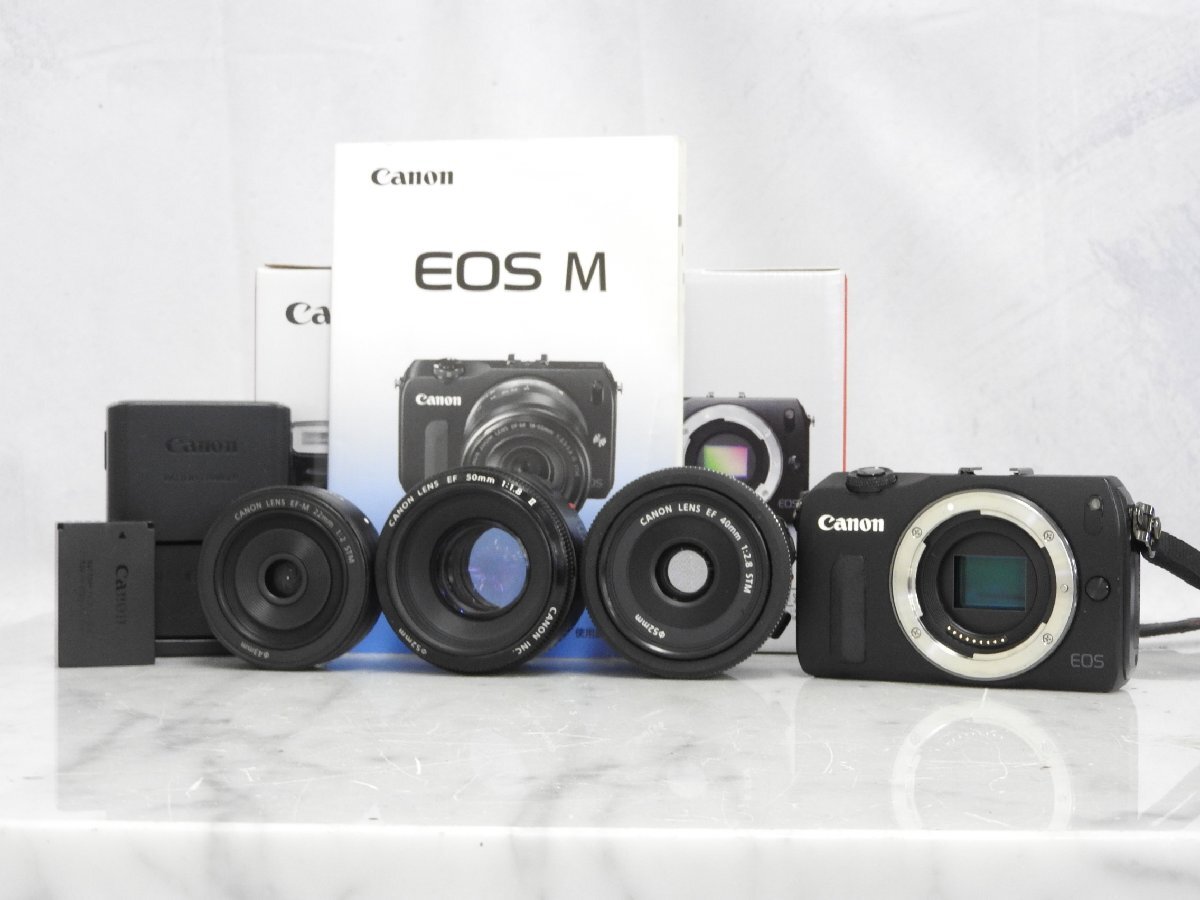 【】Canon EOS M + EF-M 22mm F2 STM + EF 40mm f2.8 STM + EF 50mm 1.8 II ミラーレス一眼レフカメラ レンズセット キャノン 3048680