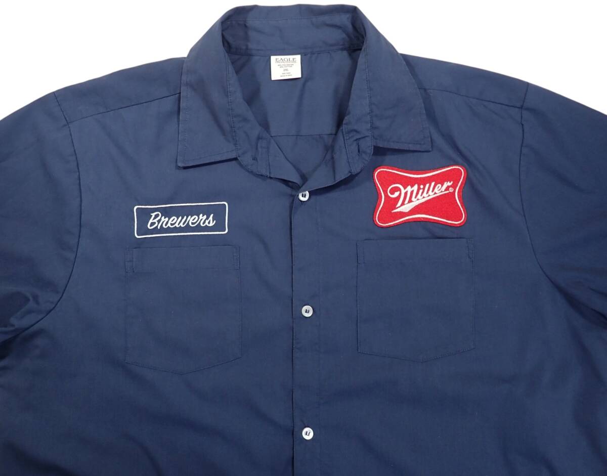 6706/EAGLE PROMOTIONS 半袖 ワークシャツ 2XL●フロントワッペン バックプリントMiller MILWAUKEE BREWERS●洗濯プレス済●古著　