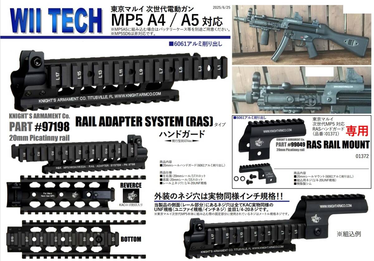 WiiTech東京マルイ次世代MP5A4/A5対応 ナイツ KAC MP5 RASタイプ レイルハンドガード 20mmレールマウント セット