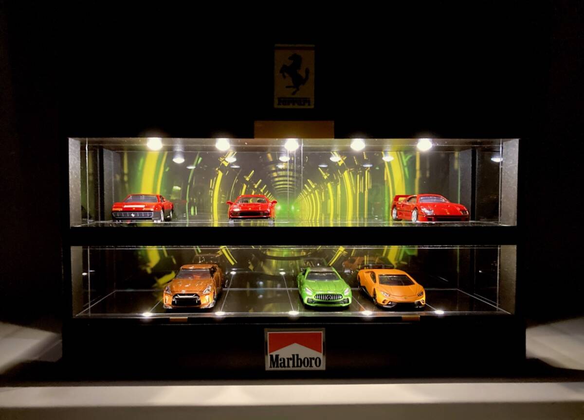 1/64展示14台可・近未来ガレージ・ディスプレーBOX・LED照明10灯