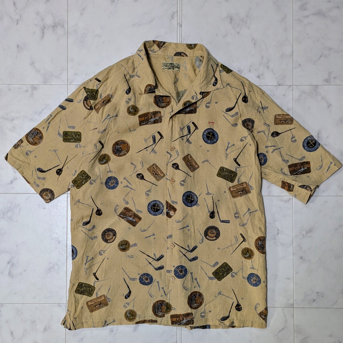 パパス アイスランド リネン アロハシャツ 総柄 麻シャツ 半袖 papas 美品 L】PAPAS IS LAND パパス アイランド アロハシャツ 半袖