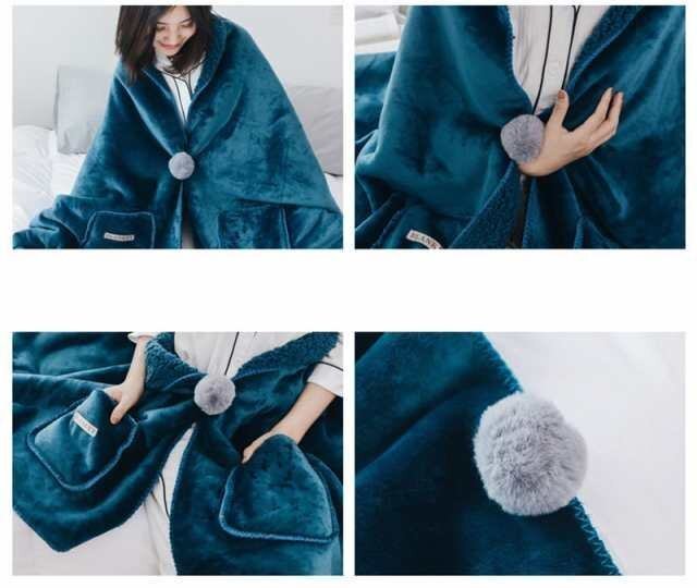 ブランケット 掛け毛布 里起毛 里ボア ひざ掛け 肩掛け フランネル 著る毛布 ポンチョ マイクロファイバー 暖かい 保溫 ダークブルー